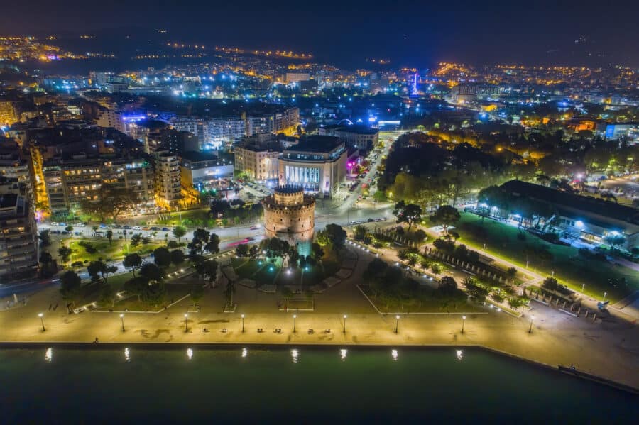 Things to do in Thessaloniki Greece - White Tower square the night, in Thessaloniki, Greece