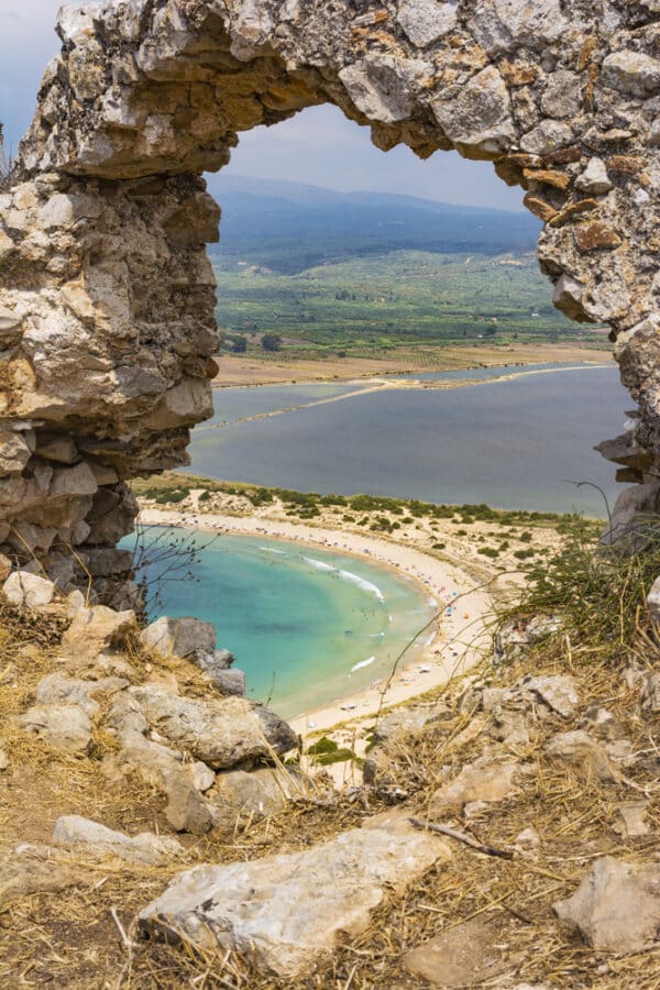 Sandy Beach In Greece - View of Voidokilia beach and Divari lagoon in the Peloponnes