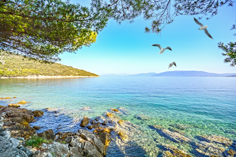 Cres Island, Croatia: View from the beach promenade to the adriatic sea near village Valun