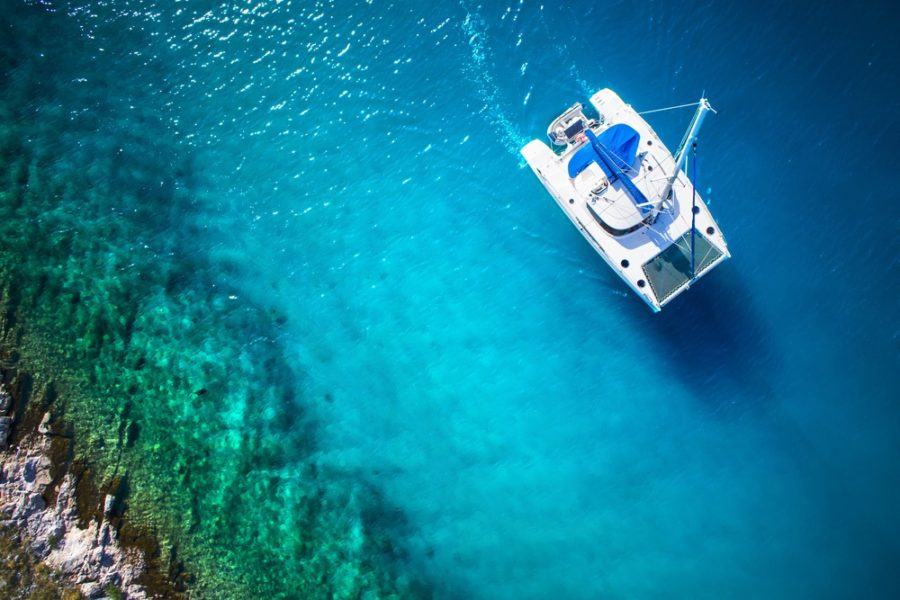 Sailing Croatia - Amazing view to Yacht sailing in open sea at windy day. Drone view - birds eye angle