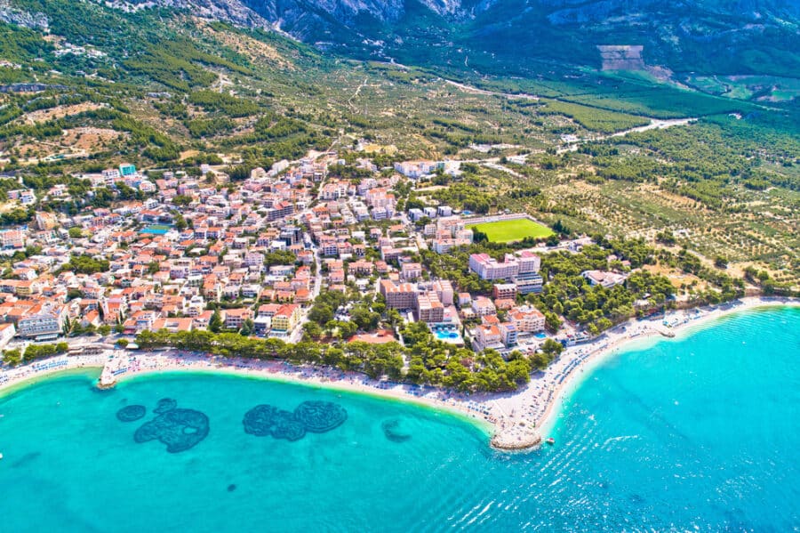 Makarska Riviera Croatia - Baska Voda beach and waterfront aerial view, Makarska riviera