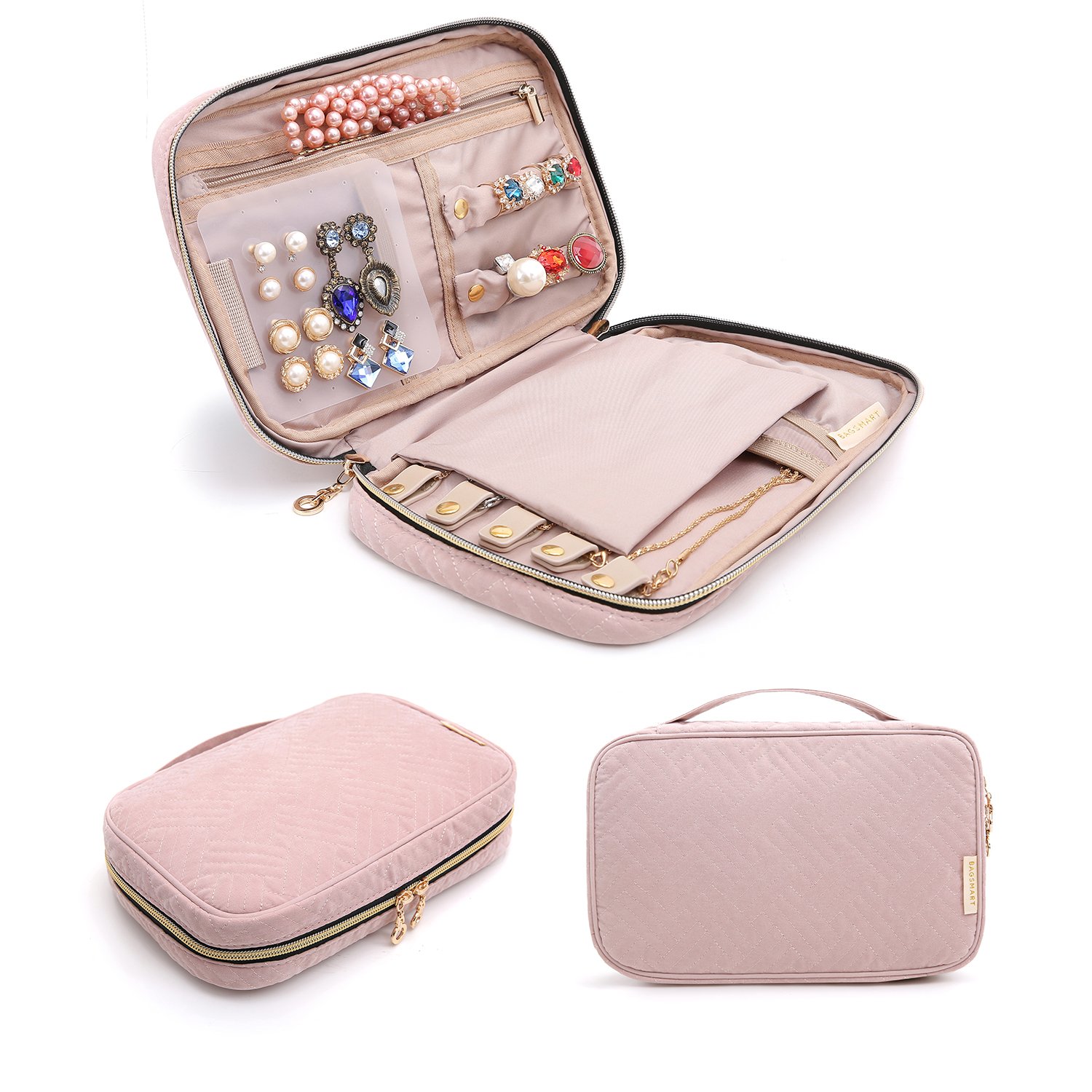 Earrings Holder Pink Bracelets Travel Jewelry Organizer Case Foldable Jewelry Roll Rings Necklaces 