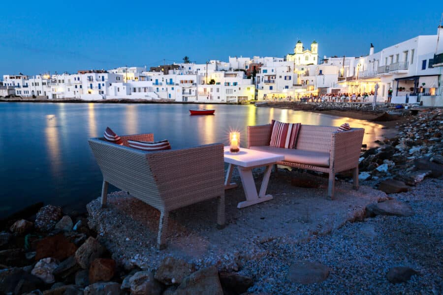 Paros Island Guide - Sunset by the port of Naoussa, Paros island