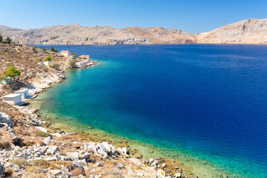 View on beautiful coast on Symi island in Greece