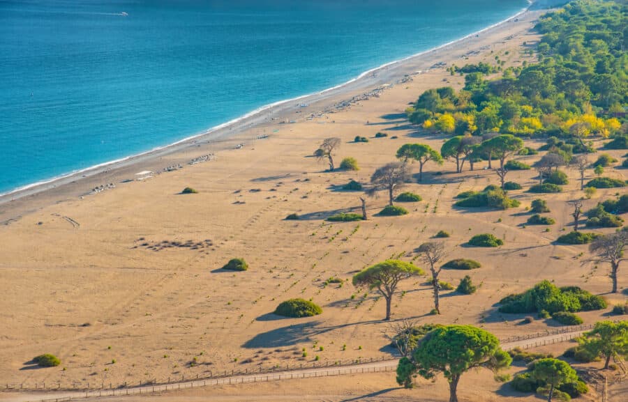 Sandy Beaches In Turkey - Aerial view of Cirali Beach from ancient Olympos ruins