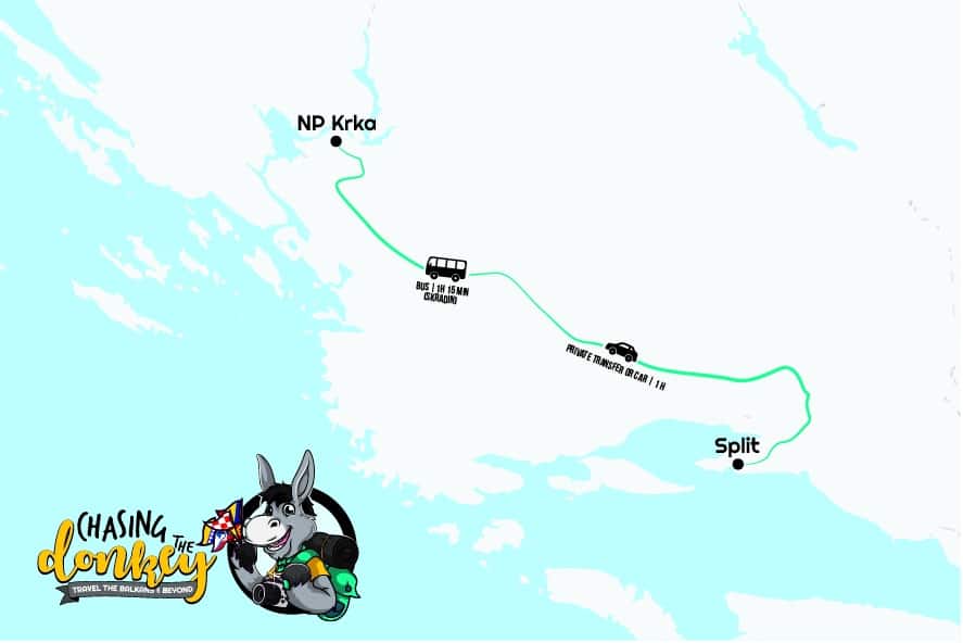 Comment se rendre de Krka à Split vers la carte du parc national de Krka