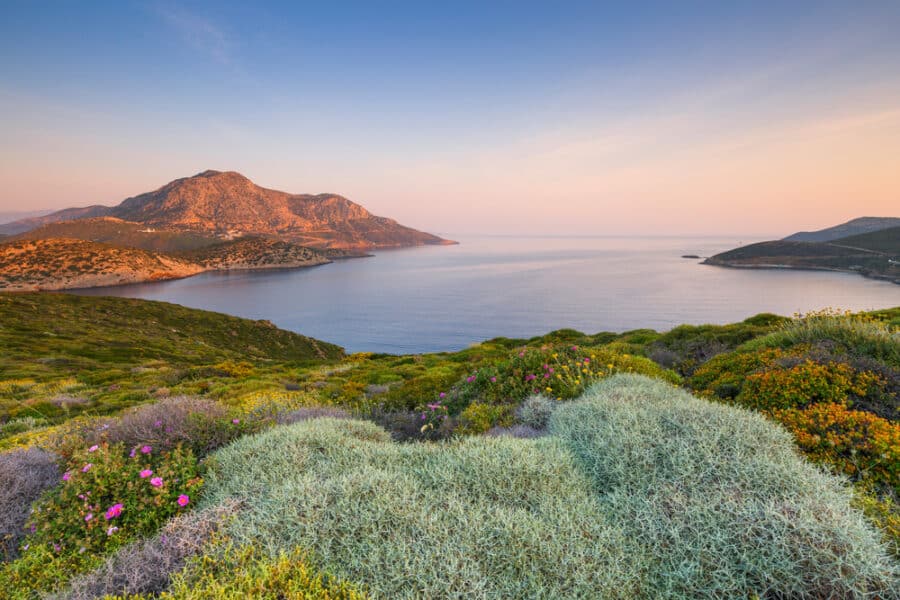 Fourni island and view of Thymaina island early in the morning, Greece.