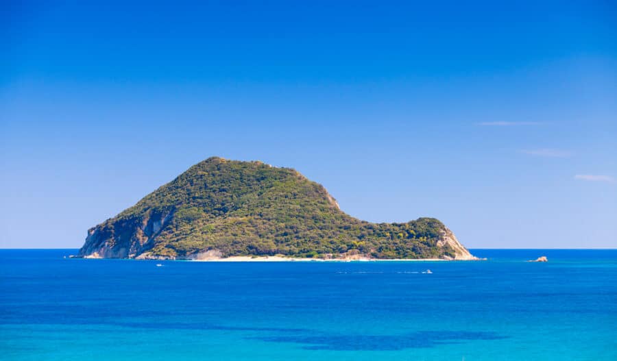 Seaside view of the Marathonisi or Turtle islet near Greek island Zakynthos