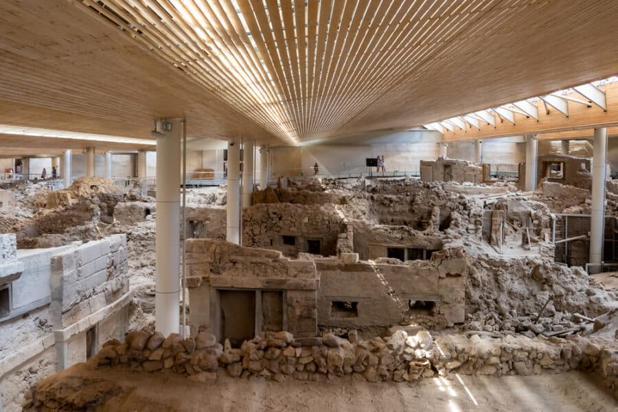 Recovered ancient buildings in prehistoric town of Akrotiri, one of the most important prehistoric settlements of the Aegean. An archaeological site of Akrotiri in Santorini, Greece