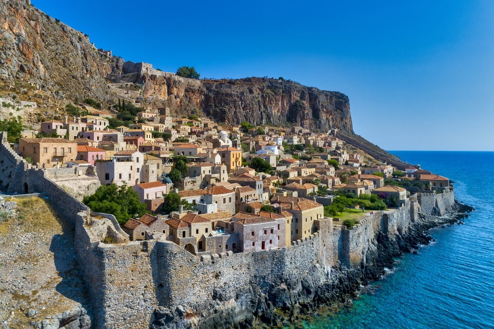 Aerial view of the old town of Monemvasia in Lakonia of Peloponn