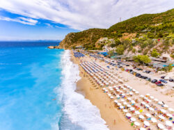 Kathisma Beach birds eye view in Lefkada Island, Greece