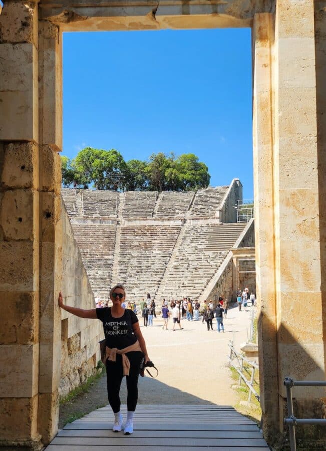 SJ posing Ancient Stadium in Epidaurus Greece