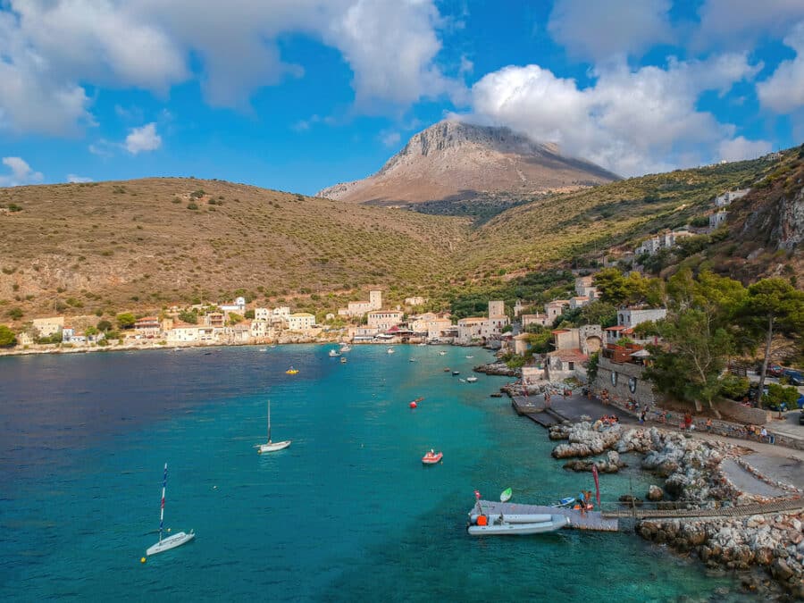 Limeni Greece - Iconic aerial view over the picturesque famous Limeni village in Mani area Laconia, Greece, Europe