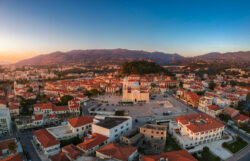 Kalamata Greece - Aerial view around the castle hill area and the Metropolitan church of Ypapanti in the old historical town of the seaside Kalamata city, Greece