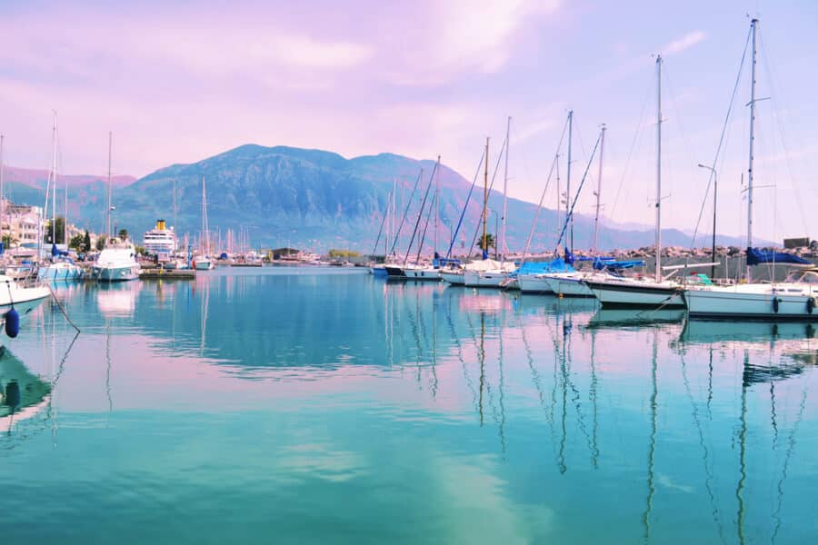 Kalamta Greece - Pink sunset landscape at Kalamata harbor Peloponnese Greece