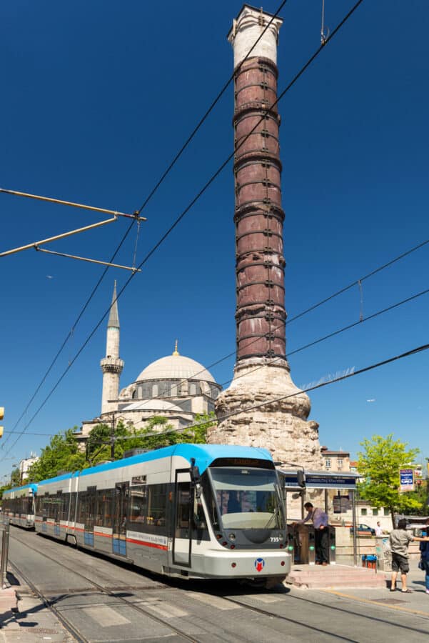 The tram stopped at the column of Constantine in Istanbul