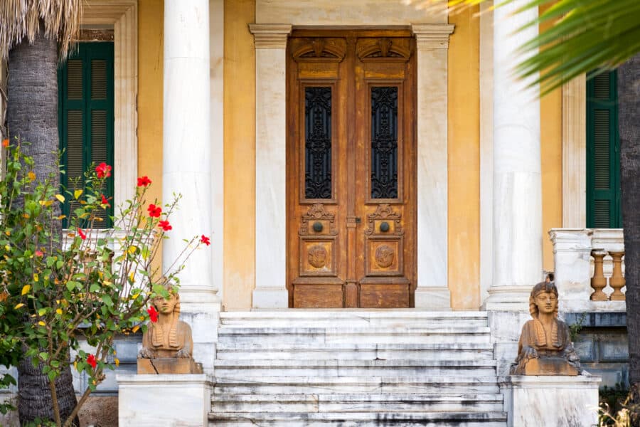 Historical building with columns on Spetses island, Greece