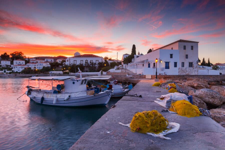 Spetses, Greece - January 19, 2018: Traditional fishing boats in the harbour of Spetses, Greece.