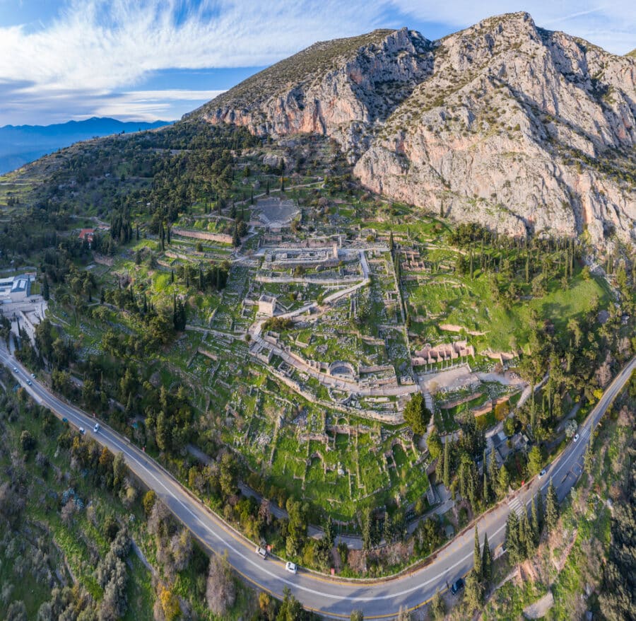 Aerial view of antique Theatre and Apollo Temple in Delphi, Greece