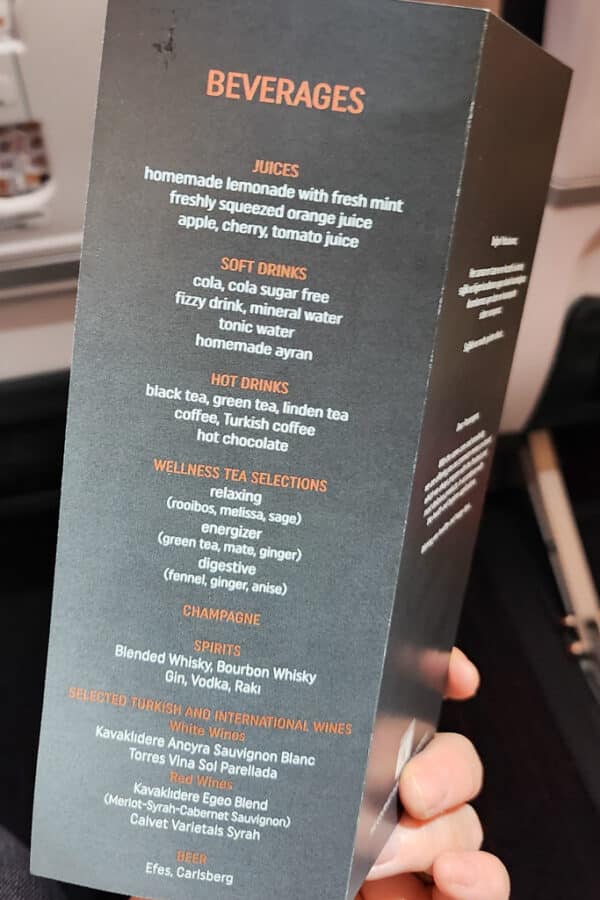 Food & Drinks in business class - Turkish Airlines - menu