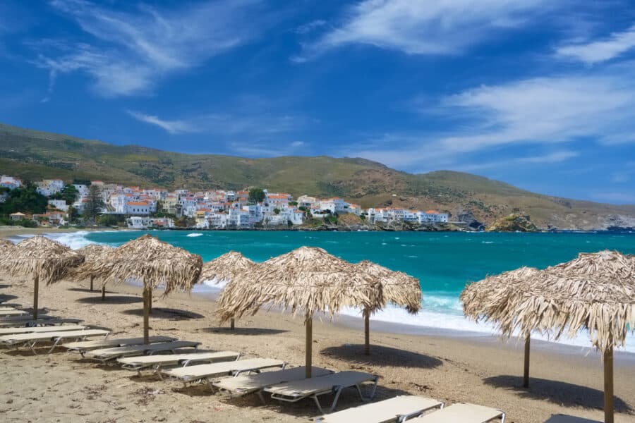 Paraporti sandy beach Chora city of Andros island