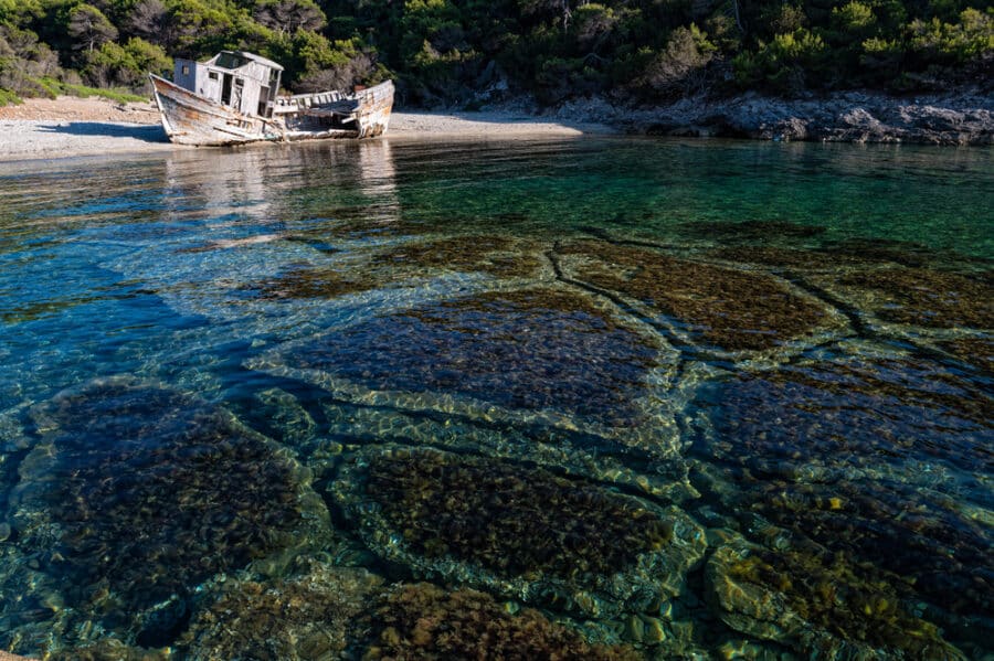 Shipwrecks in Greece - Shipwreck abandoned at a beach of Skyros island in Greece