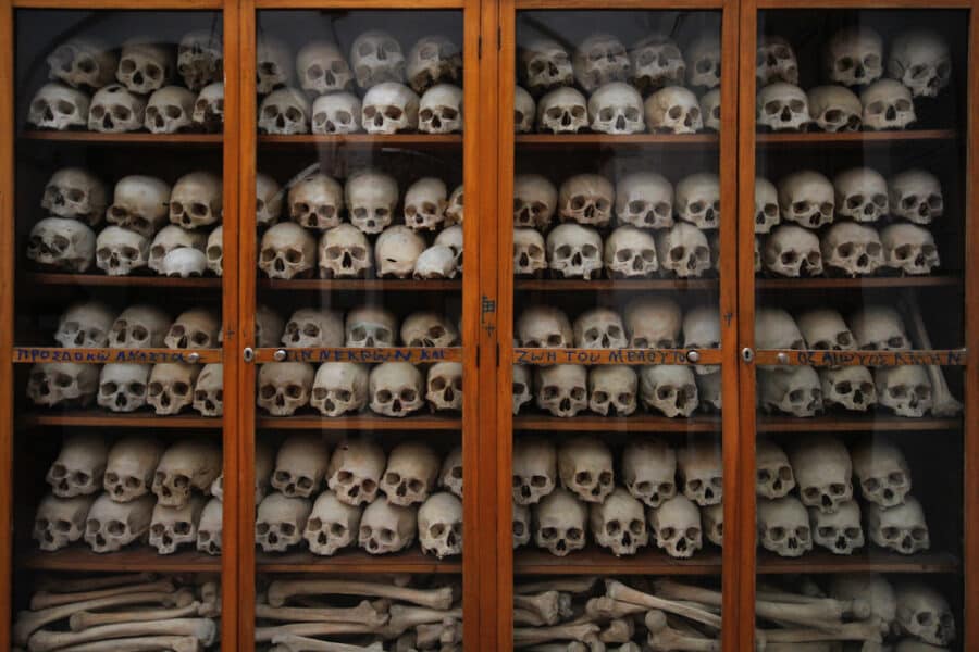 Chios Island - Skulls and bones together in a cabinet in Nea Moni, Chios