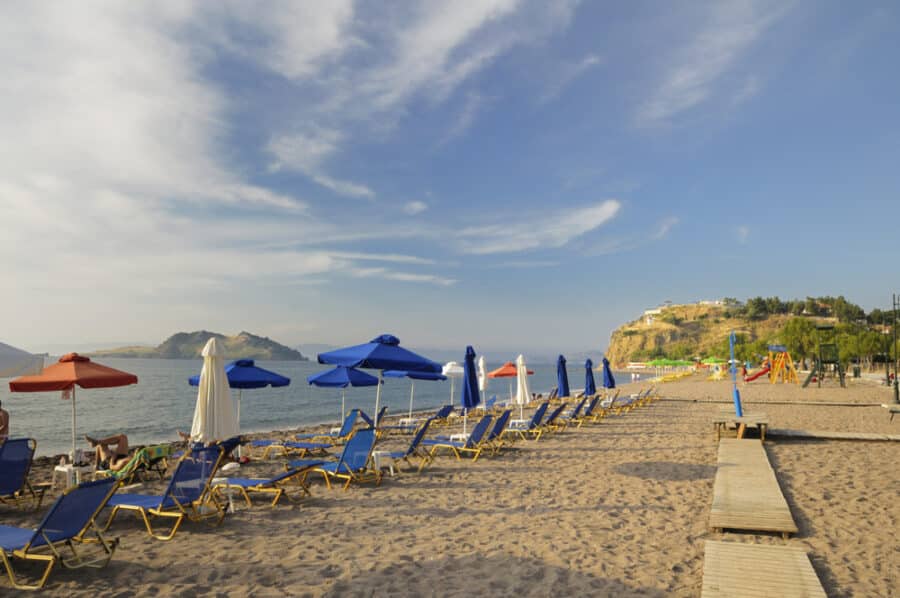 The beach at the resort of Petra, Lesvos, Greece