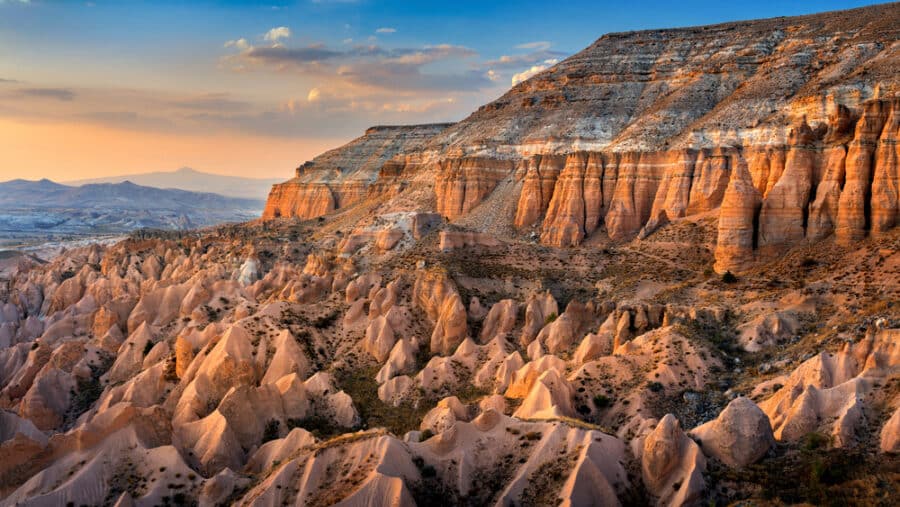 Beautiful mountains and Red valley at sunset in Goreme