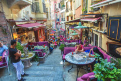 Colorful street with cafe in Cihangir quarter, Beyoglu district