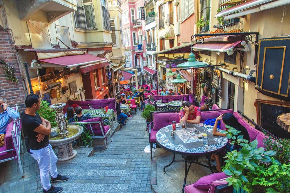 Colorful street with cafe in Cihangir quarter, Beyoglu district