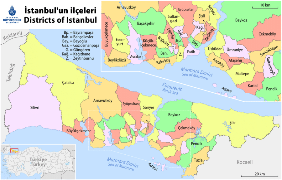Map of the districts in Istanbul Turkey
