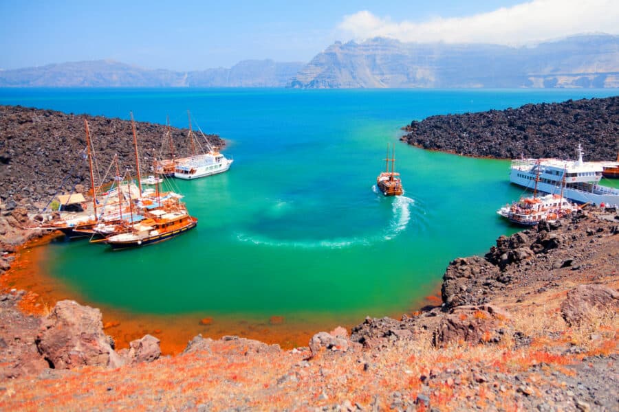 There are volcano cruises and short trips from Fira with a boat and a lot of tourists visit the Greek volcanic landscape