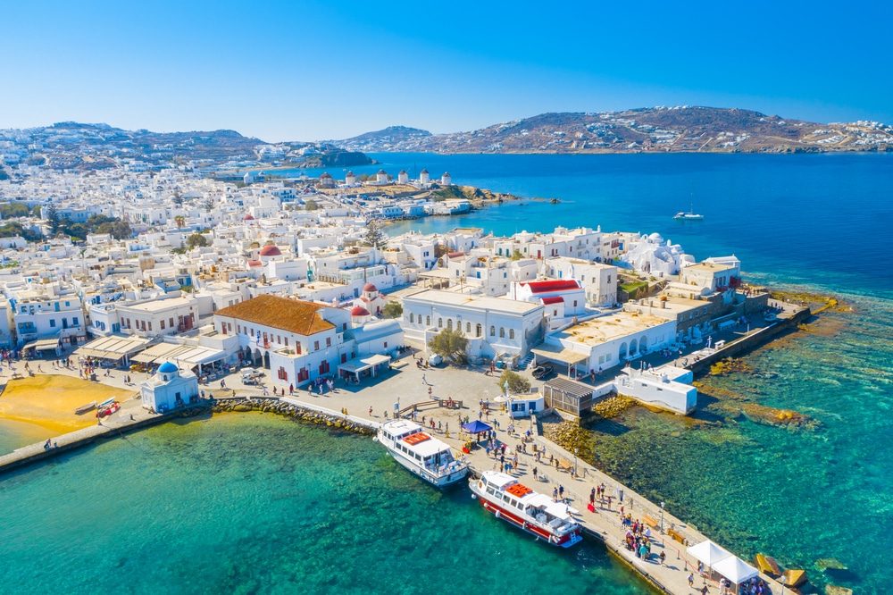 Panoramic view of Mykonos town, Cyclades islands, Greece