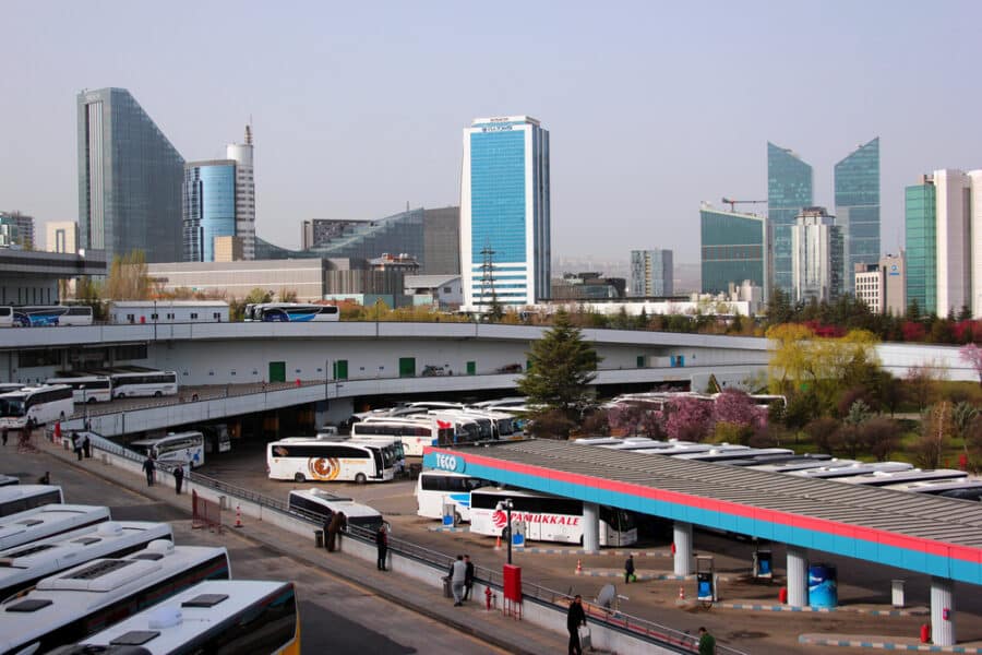 Turkey Bus Travel - Ankara, Turkey - April 18, 2022: View of ASTI bus terminal at the central bus station of Ankara, the capital of Turkey