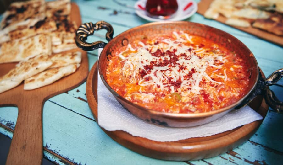 Traditional turkish food menemen made by eggs and tomatoes
