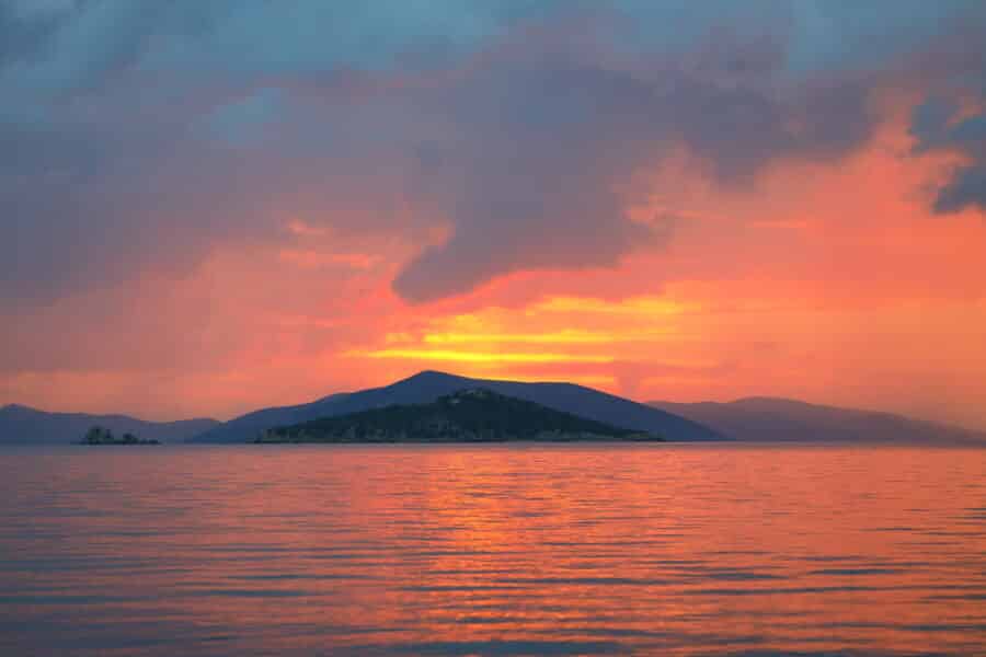Sunset on the beach. Seaside town of Turgutreisq