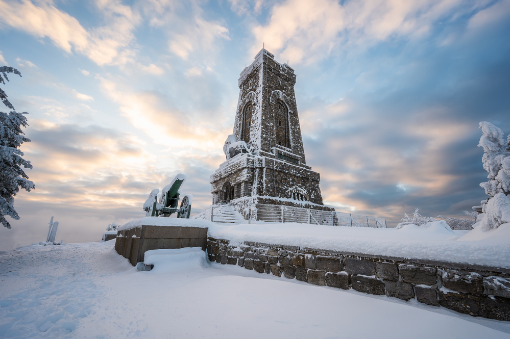 Famous Bulgaria landmarks - Magnificent panoramic winter view of the Shipka National Monument (Liberty Monument) in a frosty morning, Balkans, Bulgaria
